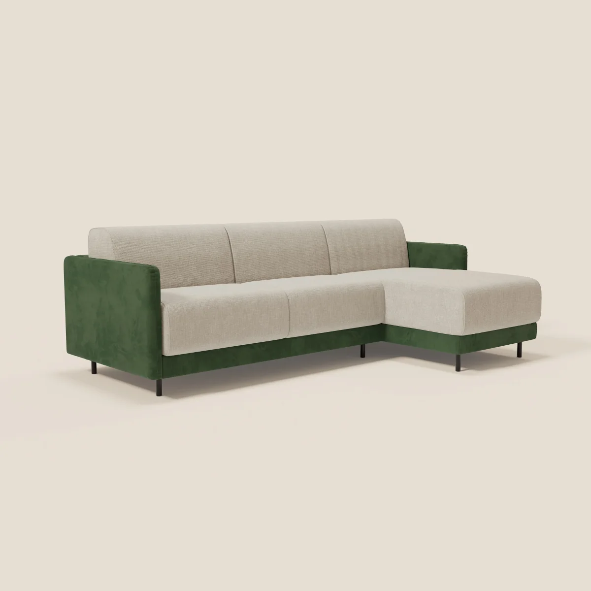 Narciso canapé d'angle convertible avec matelas H18 cm et chaise longue coffre en tissu bicouleur T11 et T06 vert - crème – Image 4